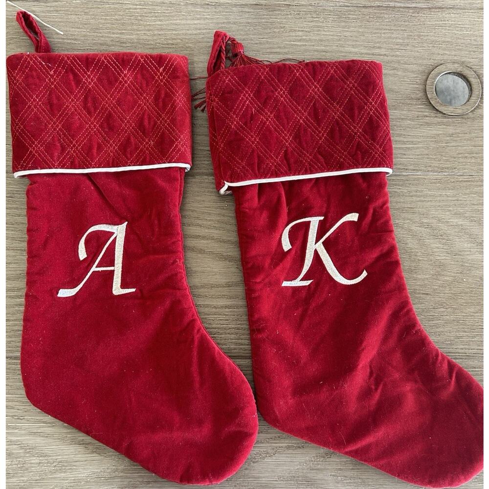 Red White Christmas Stockings Set of 2 Initial Monogram